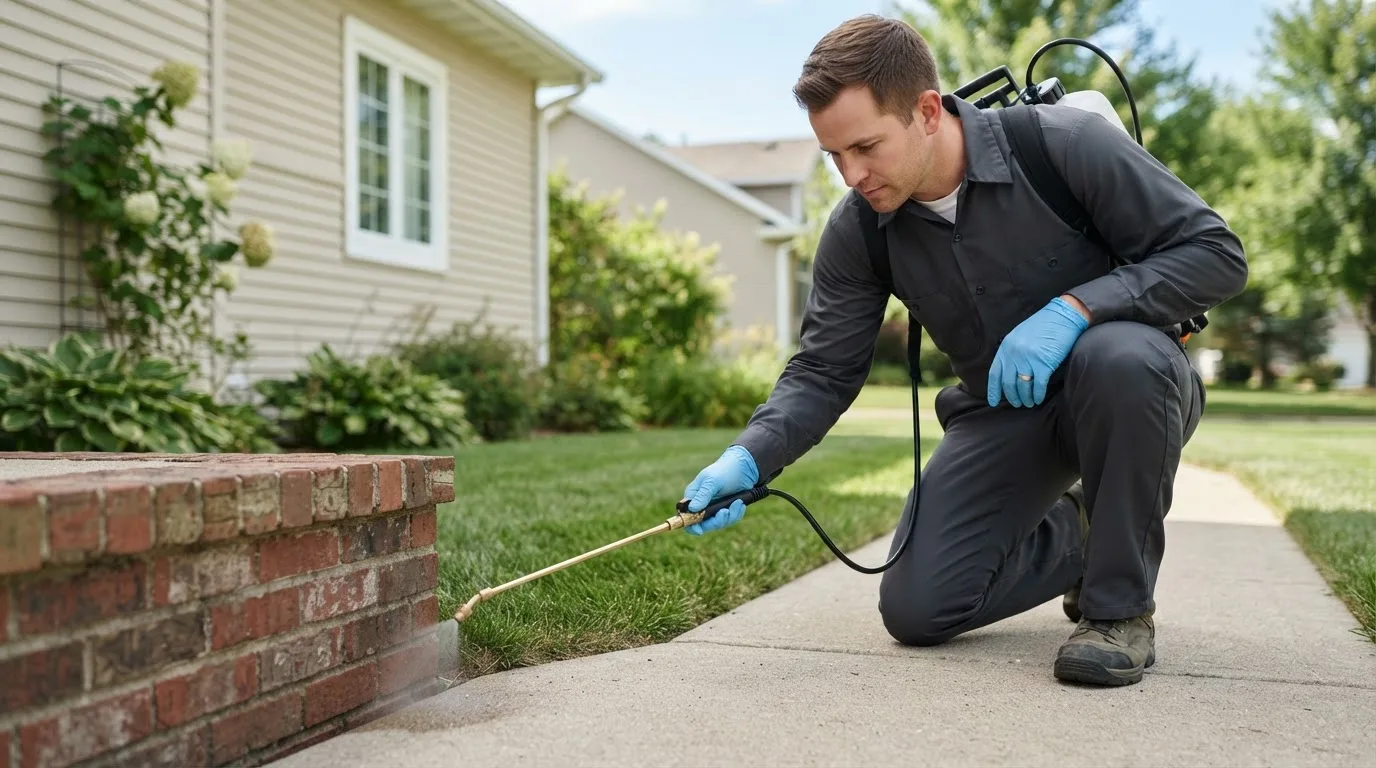 Pest control technician treating a home near Barton, VT